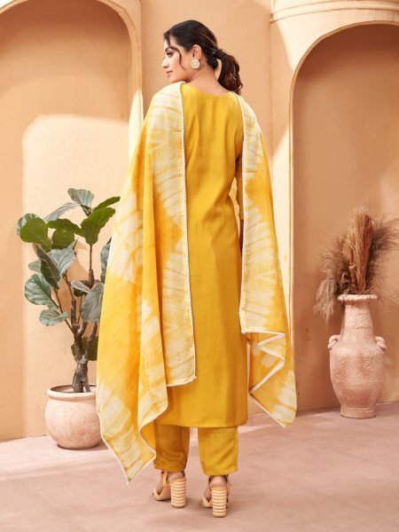Women Straight Cut Chanderi Viscose Kurti Pant With Dupatta 3 Piece Kurti Set