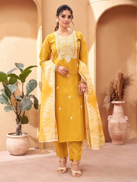 Women Straight Cut Chanderi Viscose Kurti Pant With Dupatta 3 Piece Kurti Set