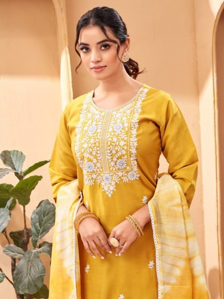 Women Straight Cut Chanderi Viscose Kurti Pant With Dupatta 3 Piece Kurti Set