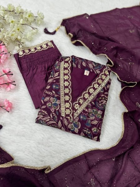 Women Viscose Chanderi Kurti Pant With Dupatta  3 Piece Kurti Set