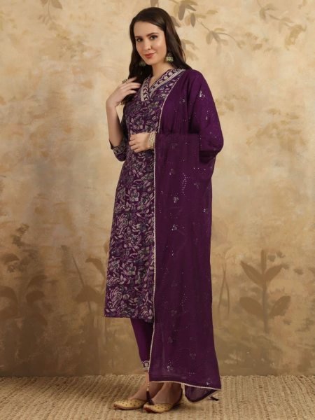Women Viscose Chanderi Kurti Pant With Dupatta  3 Piece Kurti Set