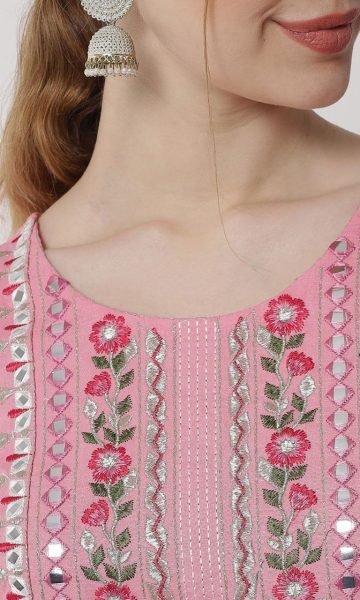 Women Viscose Rayon mirror Embroidered Kurti Set  3 Piece Kurti Set