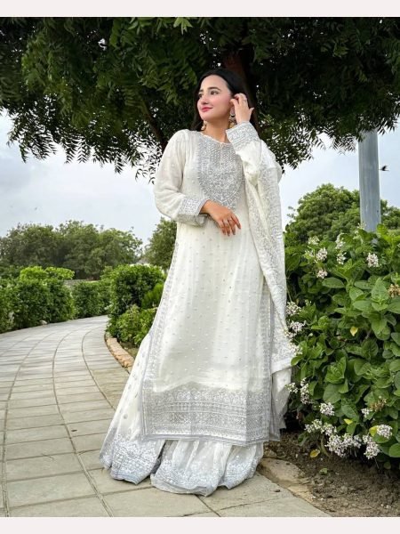 Women White  Designer Foux Georgette  Embroidery and Sequence  work Sharara set Ready To Wear Collection