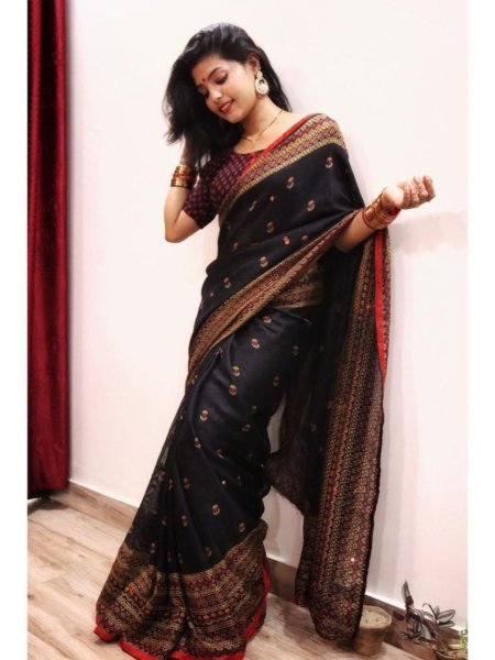 Womens Black Jute Silk Saree with Exquisite Embroidery And Mirror Work 