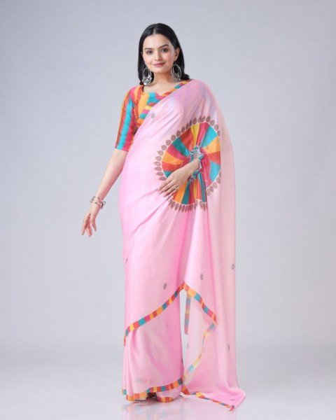 Womens Floral Printed Ready to Wear Saree with Matching Blouse 