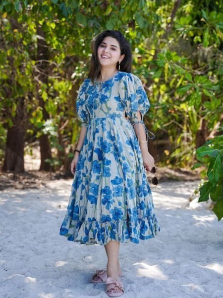 Womens Printed Maxi Western Gown Stylish Floral One Piece Dress Tunics kurti