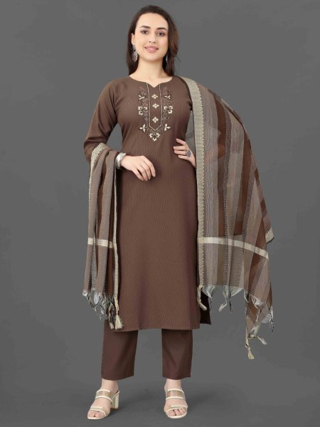 Womens Traditional 3 Piece Set with Mirror Work Fully Stitched Cotton Blend Suit