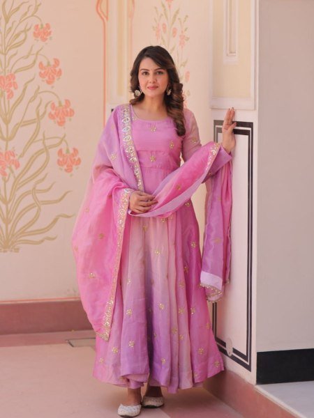 Womens Traditional Pink Anarkali Suit with Embroidered Dupatta Ethnic Wear for Festive Occasions