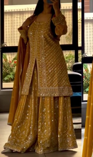 Womens Yellow Color Full Stitched Embroidered Kurta And Palazzo With Dupatta 