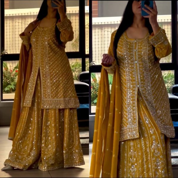 Womens Yellow Color Full Stitched Embroidered Kurta And Palazzo With Dupatta Ready To Wear Collection