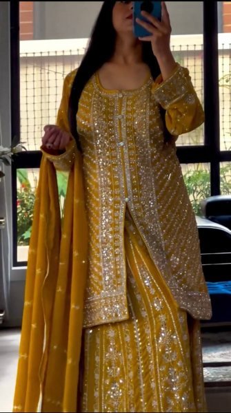 Womens Yellow Color Full Stitched Embroidered Kurta And Palazzo With Dupatta Ready To Wear Collection