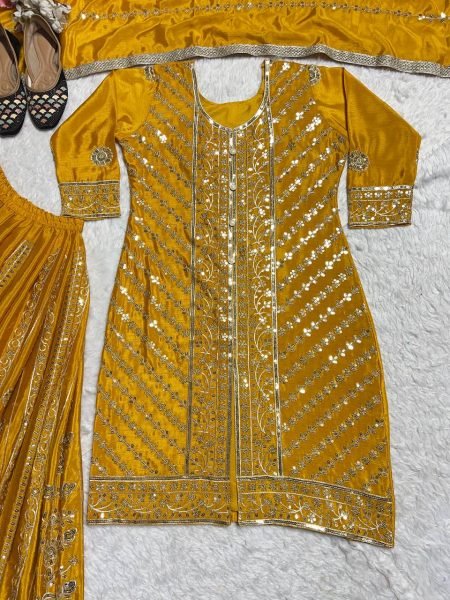 Womens Yellow Color Full Stitched Embroidered Kurta And Palazzo With Dupatta Ready To Wear Collection
