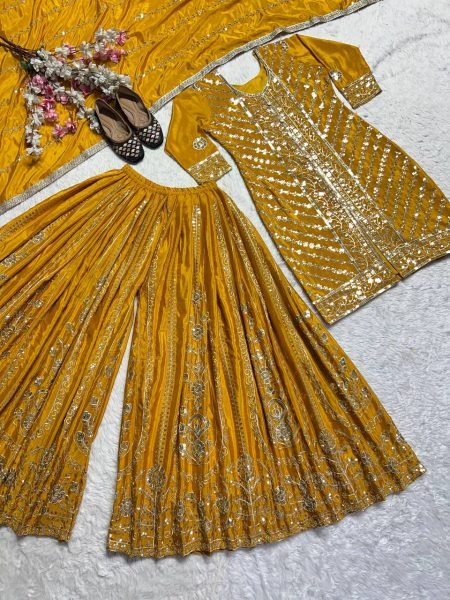 Womens Yellow Color Full Stitched Embroidered Kurta And Palazzo With Dupatta Ready To Wear Collection