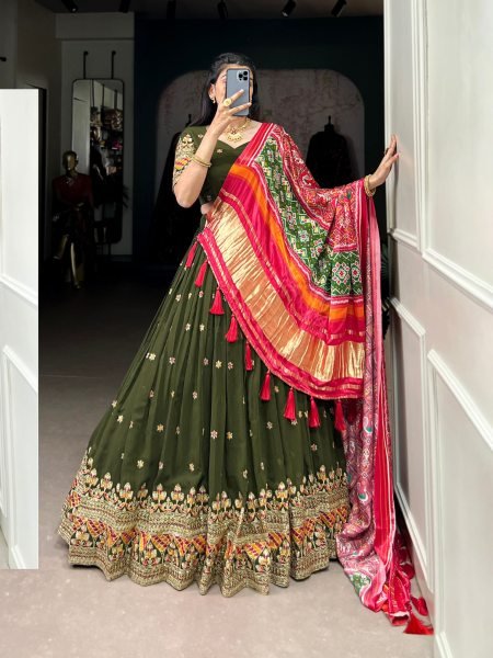 Wonderful Olive Green Embroidered Georgette Mehendi Wear Lehenga Choli 