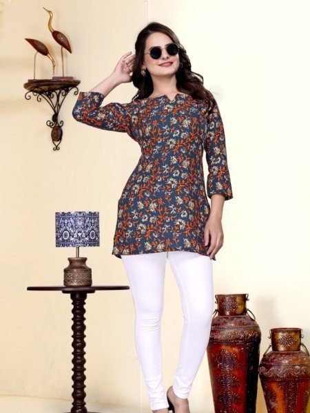 Workday Chic in Navy Printed Cotton Blend Top for Smart Daily Style Tunics kurti