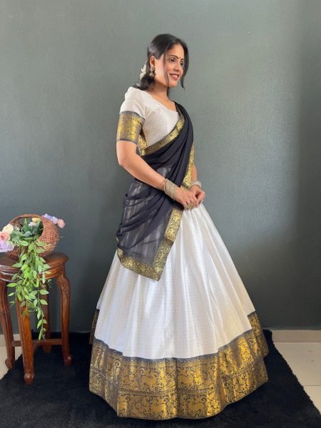 Woven Cotton Half Saree Style Lehenga Choli with Lace Dupatta South Indian Wedding Collection at Low Price  Half Saree Lehenga