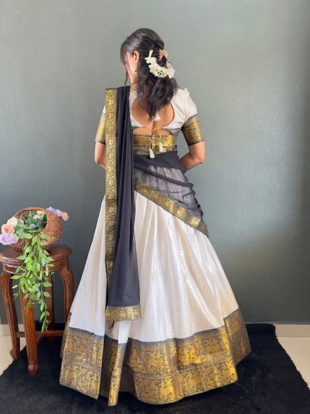 Woven Cotton Half Saree Style Lehenga Choli with Lace Dupatta South Indian Wedding Collection at Low Price  Half Saree Lehenga