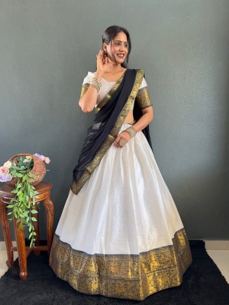 Woven Cotton Half Saree Style Lehenga Choli with Lace Dupatta South Indian Wedding Collection at Low Price  Half Saree Lehenga