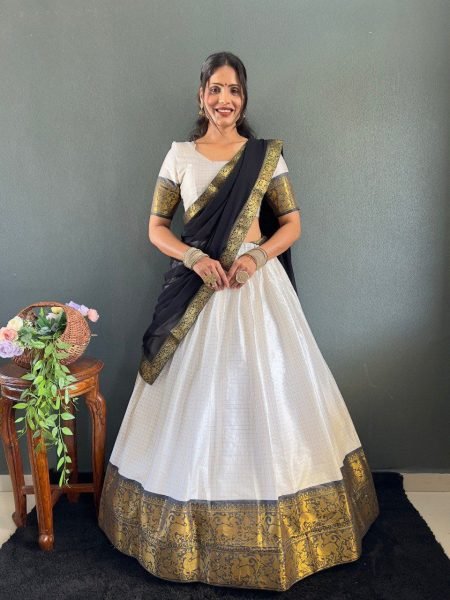 Woven Cotton Half Saree Style Lehenga Choli with Lace Dupatta South Indian Wedding Collection at Low Price  Half Saree Lehenga