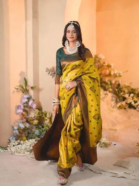 Yellow Banarasi Silk Saree With Green Zari Border Perfect for Functions Banarasi Saree Wholesale