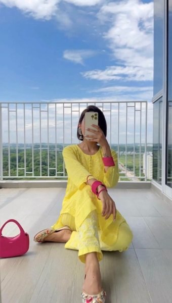 Yellow Chikan Butti Kurti And Pant With Thread Work  Kurti With Bottom Wholesale