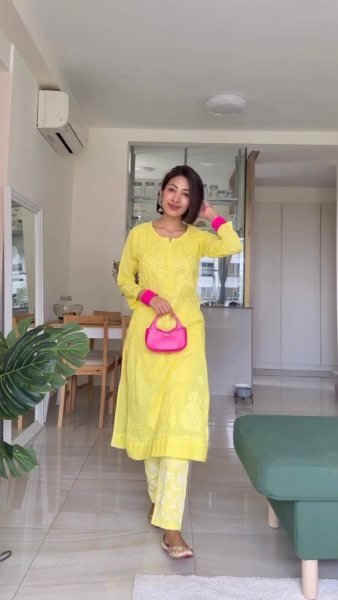Yellow Chikan Butti Kurti And Pant With Thread Work  Kurti With Bottom Wholesale