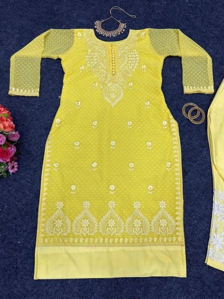 Yellow Chikan Butti Kurti And Pant With Thread Work  Kurti With Bottom Wholesale