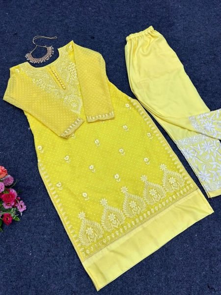 Yellow Chikan Butti Kurti And Pant With Thread Work  Kurti With Bottom Wholesale