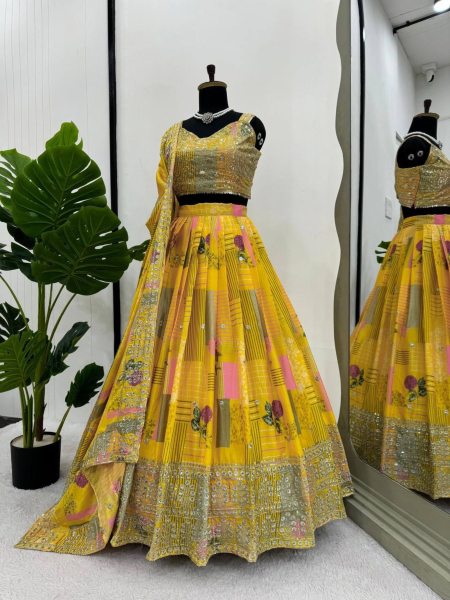 Yellow Color Chinon Silk Lehenga Choli With Sequence Work   Lehenga