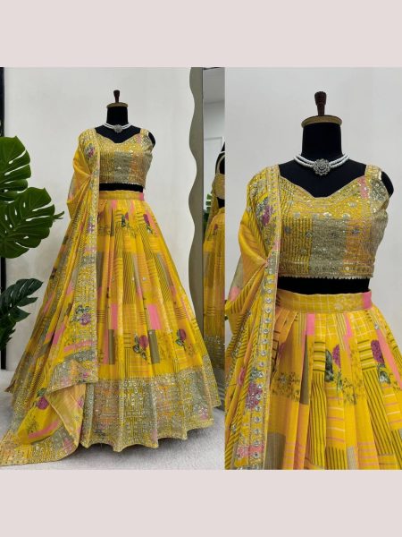 Yellow Color Chinon Silk Lehenga Choli With Sequence Work  Designer Lehenga Choli