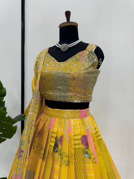 Yellow Color Chinon Silk Lehenga Choli With Sequence Work  Designer Lehenga Choli