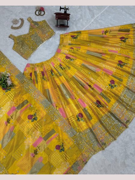 Yellow Color Chinon Silk Lehenga Choli With Sequence Work  Designer Lehenga Choli