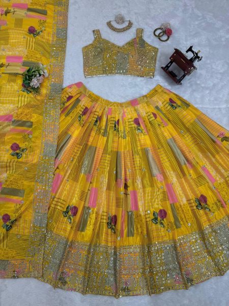 Yellow Color Chinon Silk Lehenga Choli With Sequence Work  Designer Lehenga Choli