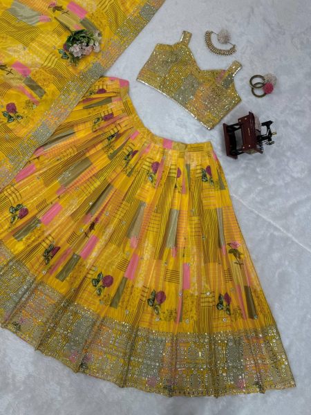 Yellow Color Chinon Silk Lehenga Choli With Sequence Work  Designer Lehenga Choli