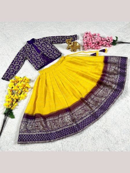 Yellow Color Chinon Silk Sequence Embroidery Lehenga Choli  Girls Wear