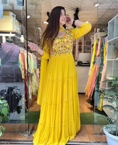 Yellow Color Embroidery Work Gown With Dupatta  Ready To Wear Collection