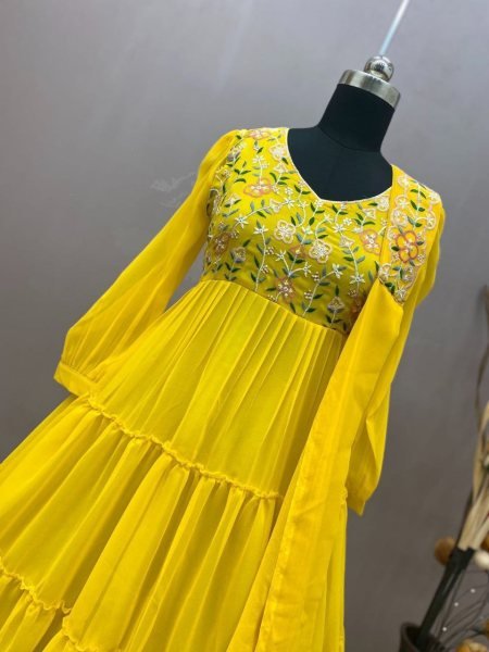 Yellow Color Embroidery Work Gown With Dupatta  Ready To Wear Collection