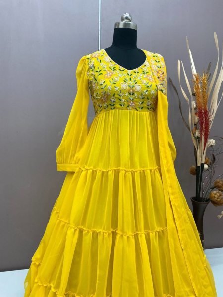 Yellow Color Embroidery Work Gown With Dupatta  Ready To Wear Collection