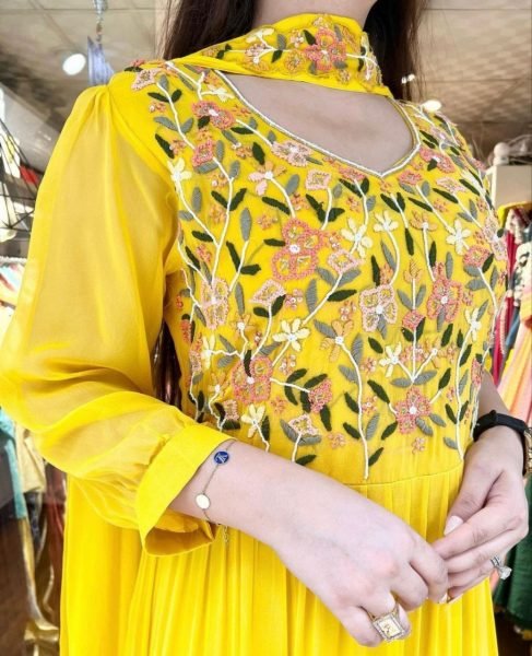 Yellow Color Embroidery Work Gown With Dupatta  Ready To Wear Collection