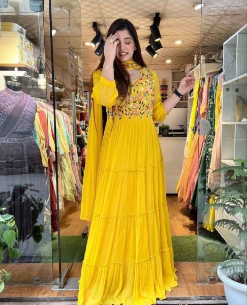 Yellow Color Embroidery Work Gown With Dupatta  Ready To Wear Collection