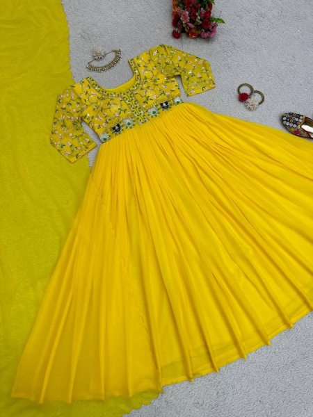 Yellow Color Faux Georgette Gown With Dupatta Plus Size Kurti / Gown