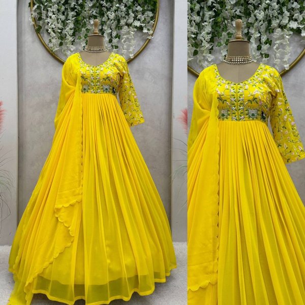 Yellow Color Faux Georgette Gown With Dupatta Plus Size Kurti / Gown