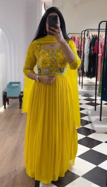 Yellow Color Faux Georgette Gown With Dupatta Plus Size Kurti / Gown