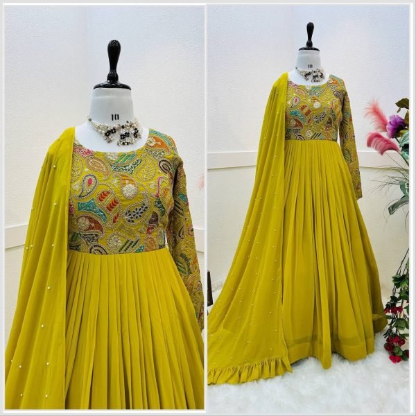 Yellow Color Fox Georgette Gown With Dupatta  Kurti With Dupatta Wholesale