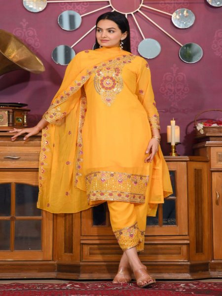 Yellow Color Fox Georgette Ready To Wear Suits  Ready To Wear Suit