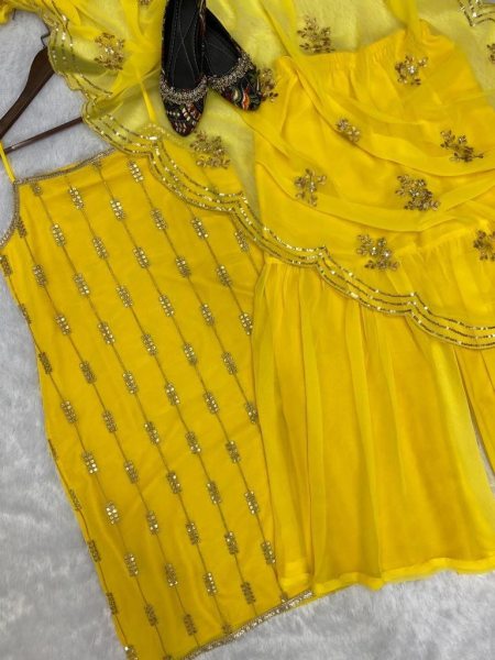 Yellow Color Georgette Sharara Suit With Embroidery Work  Ready To Wear Collection