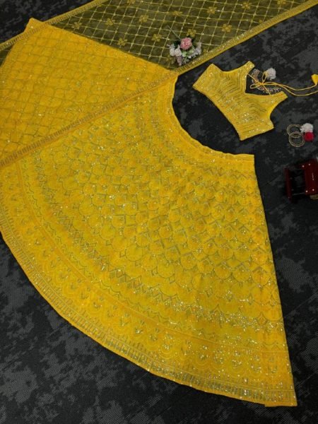 Yellow Color Georgette Thread Sequence Work Lehenga Choli  Designer Lehenga Choli