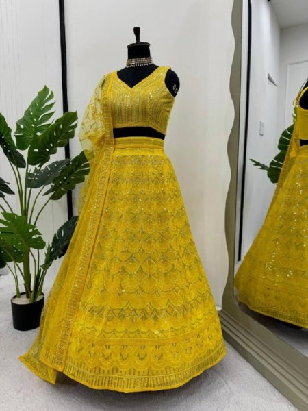 Yellow Color Georgette Thread Sequence Work Lehenga Choli  Designer Lehenga Choli