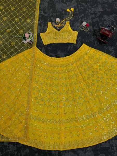 Yellow Color Georgette Thread Sequence Work Lehenga Choli  Designer Lehenga Choli