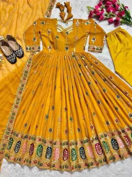 Yellow Color Heavy Georgette Anarkali Suit Set Ready To Wear Collection